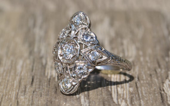 Antique Filigree Ring with Old Mine Cut Diamonds - image 5