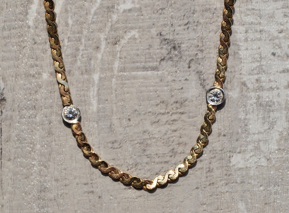 Vintage Yellow Gold Necklace Set with Two Diamond Stations