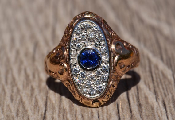 Antique Sapphire Ring in Rose Gold and White Gold… - image 7