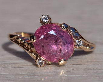 Antique Victorian Rose Gold Ring set with Pink Sapphire and Diamonds