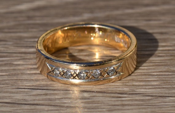 Men's Engraved 14K Gold and Diamond Wedding Band - image 1