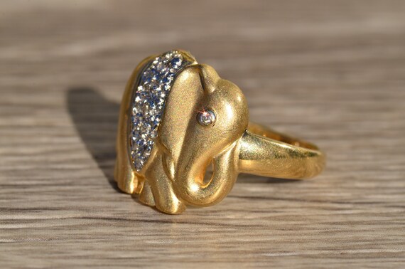 Signed 14K Gold and Diamond Elephant Ring - image 2