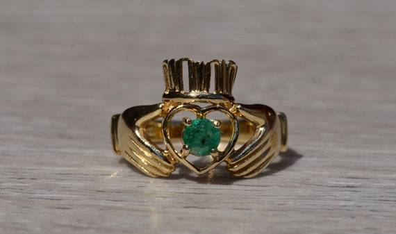 Ladies Yellow Gold Claddaugh Ring set with Emerald - image 1