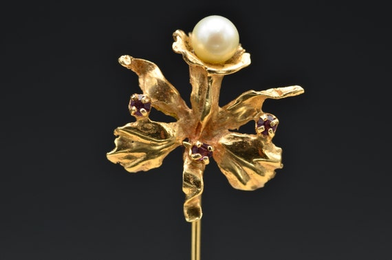 Yellow Gold Flower Pearl Stick Pin - image 1