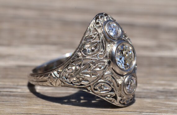 Outstanding Edwardian Three Stone Filigree Ring - image 2