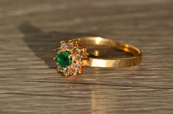 Ladies 14K Emerald and Diamond Halo Ring - image 2