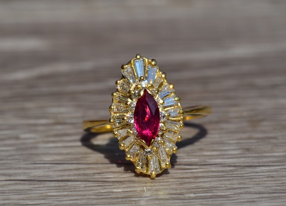 Exquisite Signed Ruby & Diamond Navette Ring in Y… - image 6