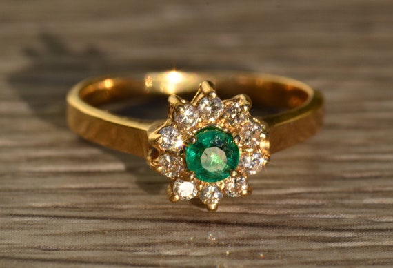 Ladies 14K Emerald and Diamond Halo Ring - image 1