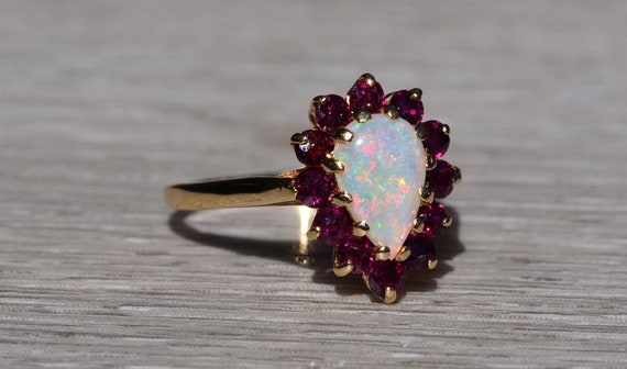 Ladies 14K Yellow Gold Opal and Garnet Halo Ring - image 5