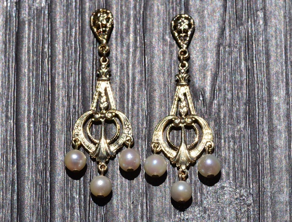 Yellow Gold Pearl Dangler Earrings - image 1