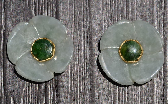 Yellow Gold Jade Earrings with Jade Flower Jackets - image 1
