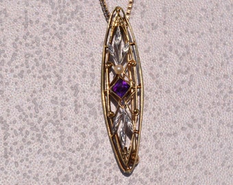 Antique Art Nouveau Brooch Pendant set with Amethyst and Seed Pearl