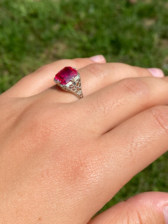 Lab Created Ruby Filigree Ring in White Gold - image 9