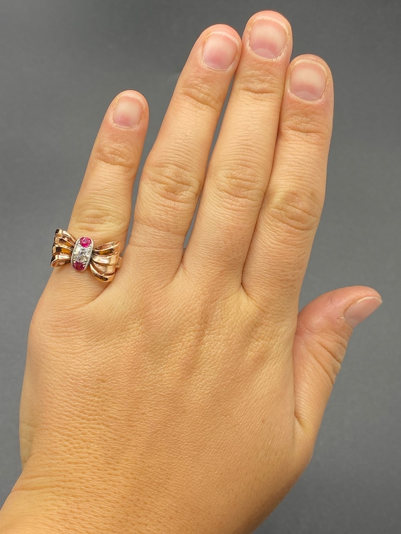 Retro 14K Rose Gold Bow Ring with Diamond and Lab… - image 3