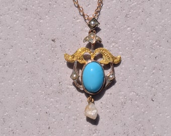 Art Nouveau Necklace with Turquoise, Seed Pearl, and Natural Pearl