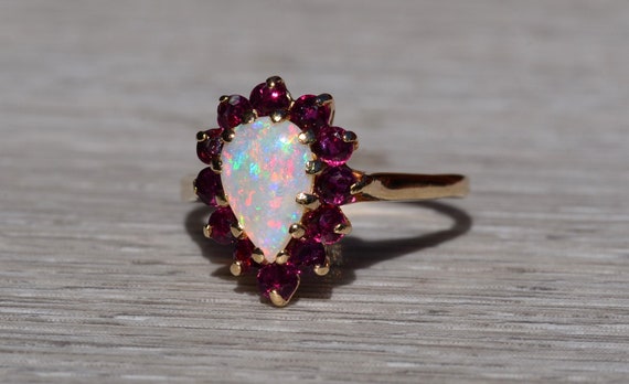 Ladies 14K Yellow Gold Opal and Garnet Halo Ring - image 2