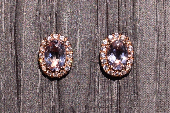 Morganite and White Sapphire Halo Earrings in Ros… - image 1