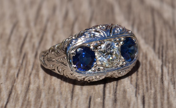 Sapphire and Diamond Filigree Three Stone Ring - image 6
