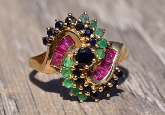 Sapphire Ruby and Emerald Fibonacci Spiral Ring - image 1