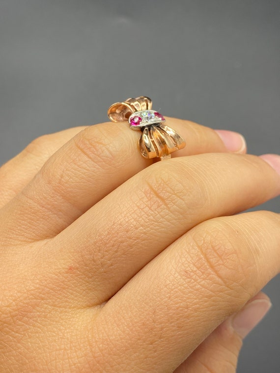 Retro 14K Rose Gold Bow Ring with Diamond and Lab… - image 7