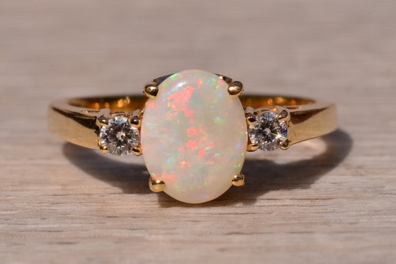 Australian Opal Ring with Natural Diamonds in Yel… - image 1