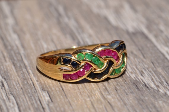 Vintage Ruby, Emerald, And Sapphire Weaved Ring - image 5