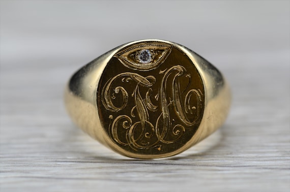 Men's Antique 14K Hand Engraved Signet Ring set w… - image 7
