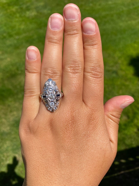 Art Deco Three Stone Filigree and Diamond Ring Etsy UK
