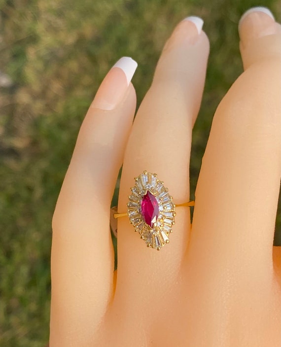 Exquisite Signed Ruby & Diamond Navette Ring in Y… - image 7