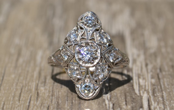 Antique Filigree Ring with Old Mine Cut Diamonds - image 1