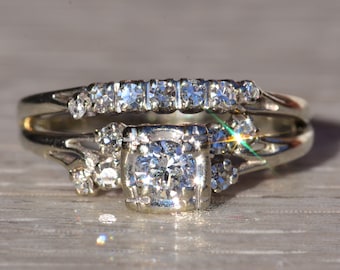 Ladies 14K White Gold Engagement Ring with Attached Diamond Wedding Band