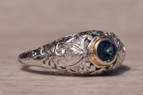 Antique Filigree Ring set with Sapphire and Diamo… - image 5