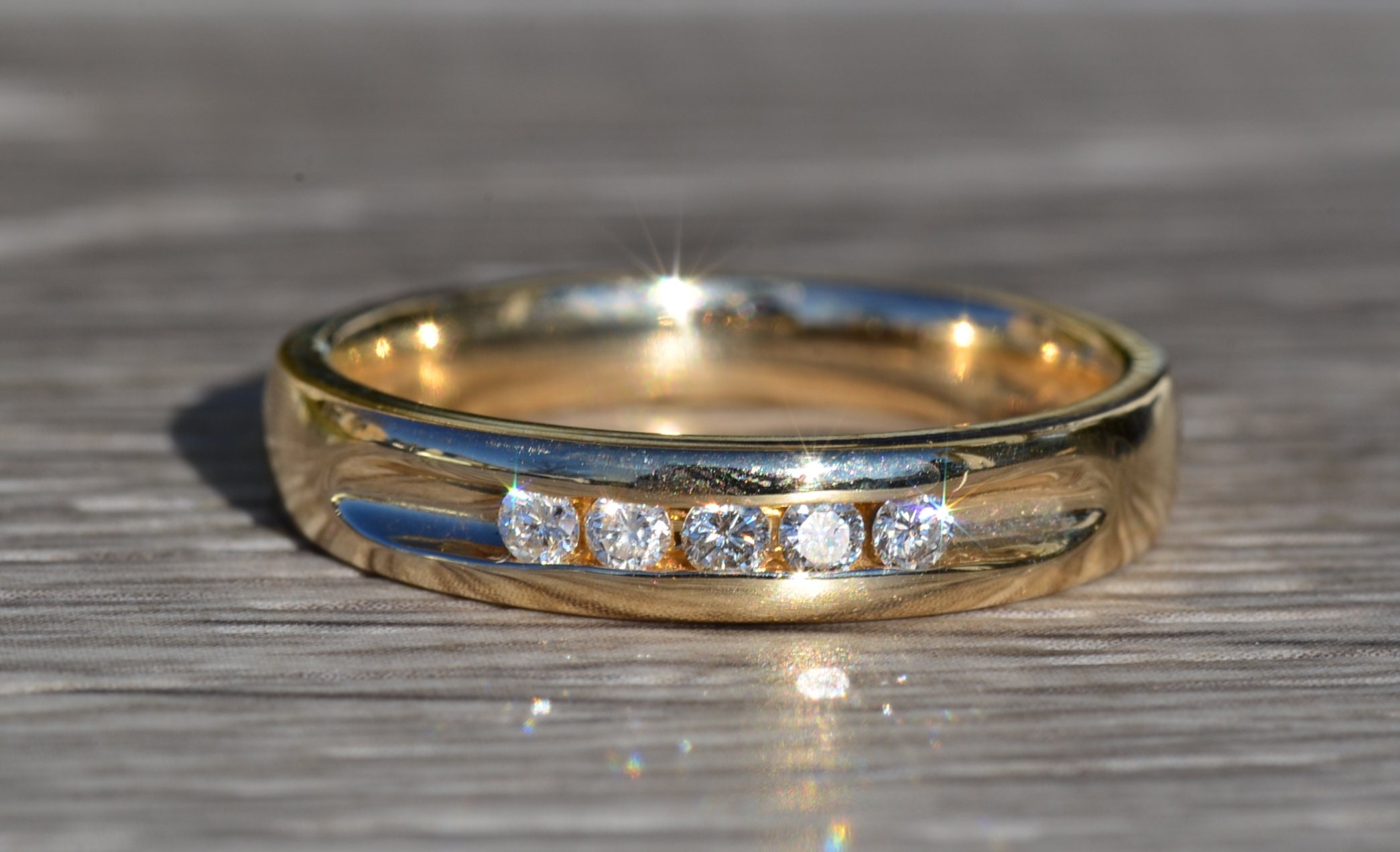Men s 14K Yellow Gold and Diamond Wedding Band Etsy