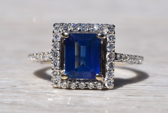 Diffused Emerald Cut Blue Sapphire Engagement Rin… - image 1