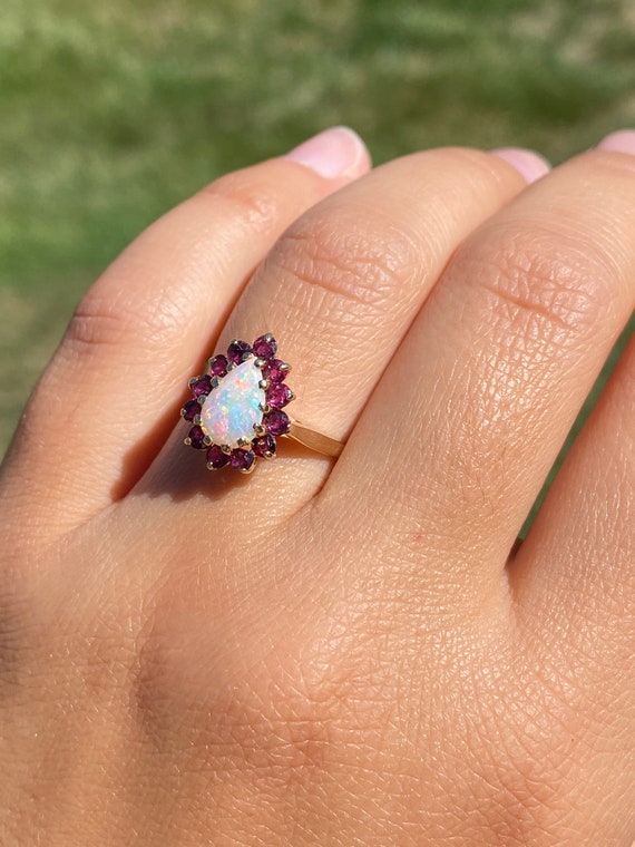 Ladies 14K Yellow Gold Opal and Garnet Halo Ring - image 8