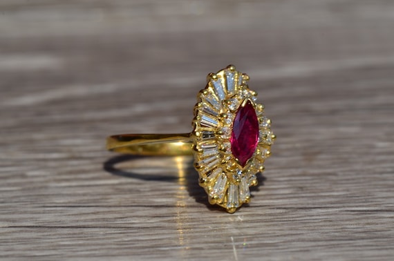 Exquisite Signed Ruby & Diamond Navette Ring in Y… - image 5