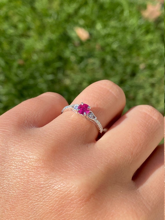 Ladies Custom Vivid Pink Sapphire and Diamond Eng… - image 9