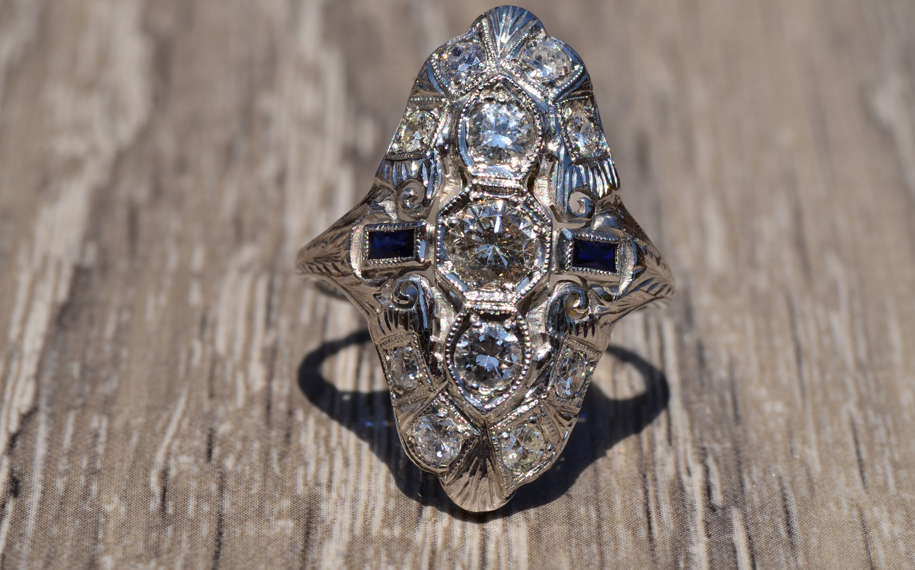Art Deco Three Stone Filigree and Diamond Ring - Etsy Art Deco Three Stone Filigree and Diamond Ring - Etsy