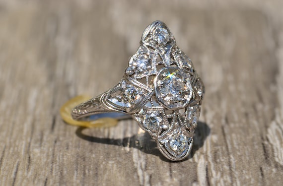 Antique Filigree Ring with Old Mine Cut Diamonds - image 2