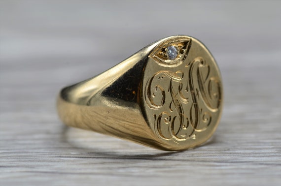 Men's Antique 14K Hand Engraved Signet Ring set w… - image 6