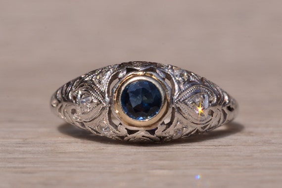 Antique Filigree Ring set with Sapphire and Diamo… - image 1