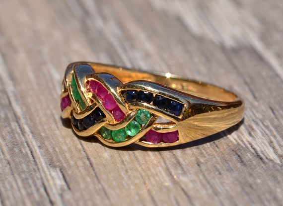 Vintage Ruby, Emerald, And Sapphire Weaved Ring - image 4