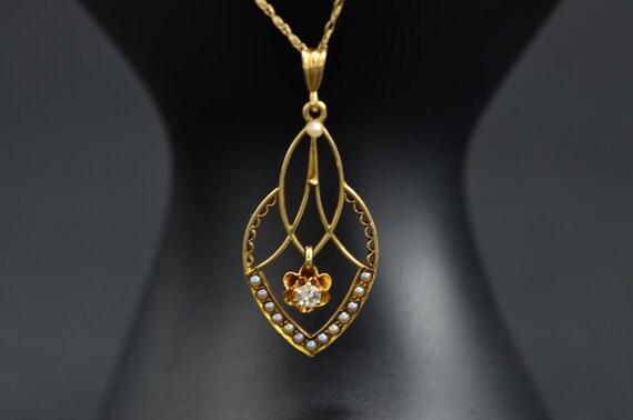 Vintage 14K Yellow Gold Pendant Set with Seed Pea… - image 1