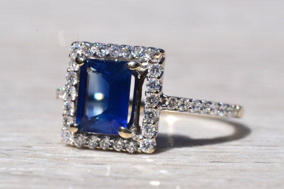 Diffused Emerald Cut Blue Sapphire Engagement Rin… - image 2