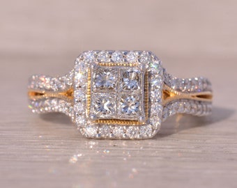 Invisible Set Natural Diamond Halo Ring in Yellow Gold Etsy
