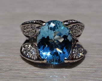 Signed Aquamarine and Diamond Ring in White Gold