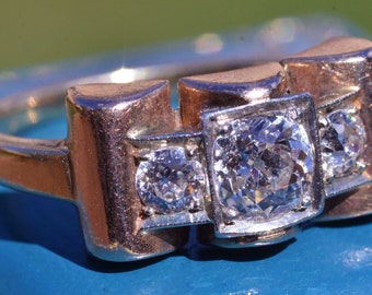 Vintage Deco Signed Three Stone Engagement Ring
