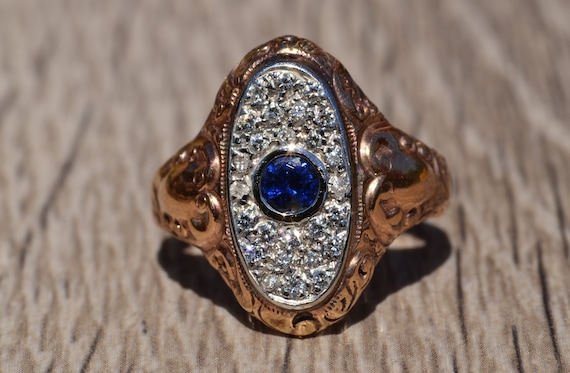Antique Sapphire Ring in Rose Gold and White Gold… - image 1