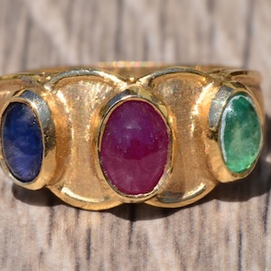 Cabochon Ruby, Emerald, and Sapphire Cigar Ring