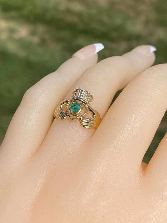 Ladies Yellow Gold Claddaugh Ring set with Emerald - image 8